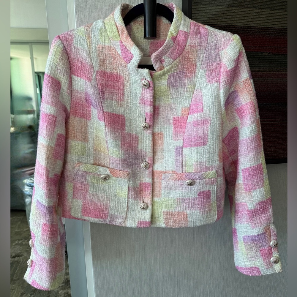 Designer-style Runway design Jacket multicolored Tweed Weave Colorblock Pink